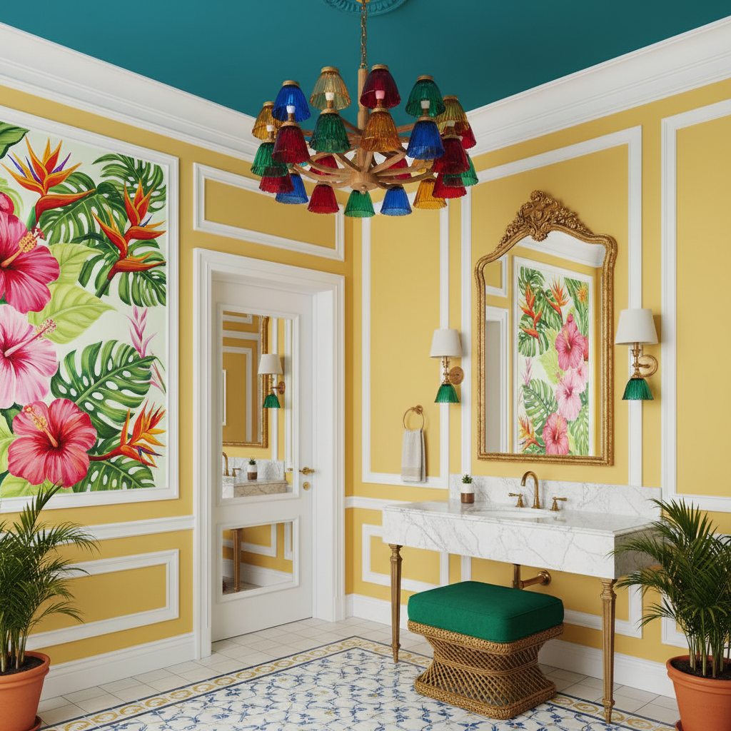 Create a Powder Room in the vibrant Brasilero style, inspired by the colorful streets of Rio de Janeiro. The space features a bold, turquoise blue ceiling, reminiscent of the Atlantic Ocean. Walls are painted a warm, sunny yellow, with crisp white trim and decorative moldings. A stunning, hand-painted mural of Brazilian flowers and foliage adorns one wall, in shades of pink, orange, and green. A sleek, white marble vanity with a gold-toned faucet and mirror reflects the bright, tropical atmosphere. A plush, emerald green ottoman in a natural fiber finish sits at the foot of the vanity, adding a pop of color and comfort. The space is illuminated by a stunning, chandelier-style light fixture featuring brightly colored, glass shades and a wooden base. The overall atmosphere is lively, energetic, and quintessentially Brazilian.