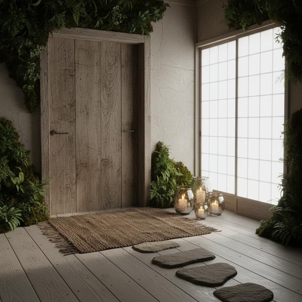 Design a serene Wabi-Sabi entrance with natural materials, soft lighting, and imperfections. The space features a reclaimed wood door with a distressed finish, wrapped in a woven jute rug in a muted brown hue. Shoji screens in a soft white finish filter the natural light, while a few strategically placed candles in mercury glass holders cast warm, golden tones on the walls. The floor is made of polished cypress wood, weathered to a soft silver-gray, and adorned with a few carefully placed, natural stone stepping stones. A living green wall in a subtle moss color surrounds the entrance, bringing in a touch of organic beauty. The overall atmosphere is one of gentle, understated elegance, inviting the visitor to slow down and appreciate the beauty of imperfection.