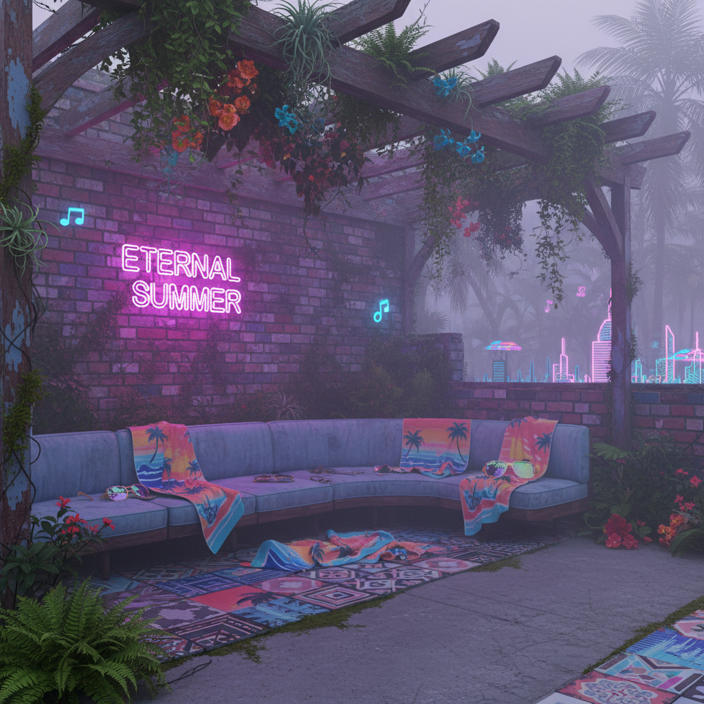 Design a Vaporwave-inspired terrace with a distressed, retro-futuristic aesthetic, set amidst a lush, overgrown garden. The walls are clad in weathered, pastel-colored brick, with vines and moss crawling up the facade. A worn, wooden pergola provides dappled shade, supporting a tangle of ferns and flowering plants. The floor is made of worn, gray concrete, with intricate, hand-painted tiles depicting futuristic cityscapes. A battered, neon-lit sign reads "Eternal Summer" in flickering, pink letters. A low, curved sofa in a faded, powder blue hue is scattered with discarded, retro-themed beach towels and oversized, mirrored sunglasses. The atmosphere is languid, with a haze of fog and a distant, synth-heavy soundtrack.