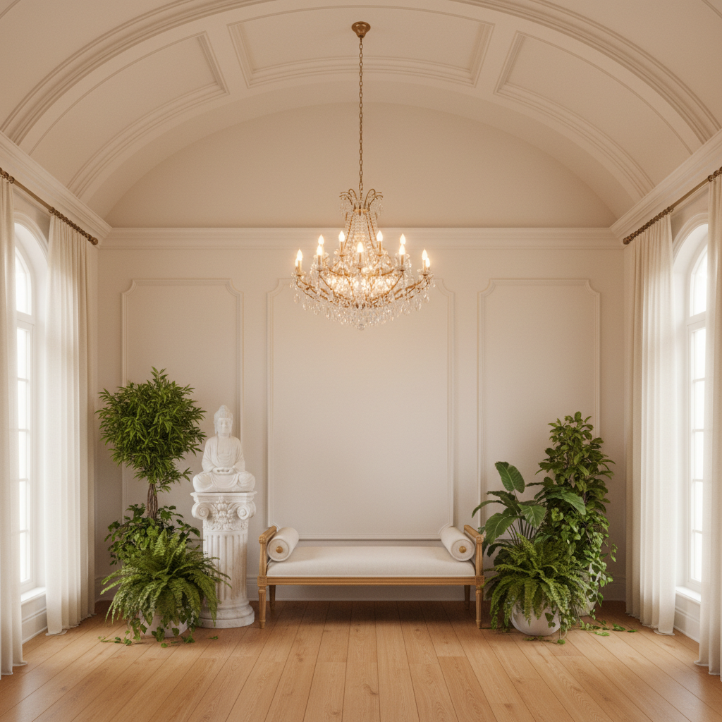 Design a serene Neoclassical meditation room with soft, creamy whites and warm beige tones, reminisc - Meditation Room design