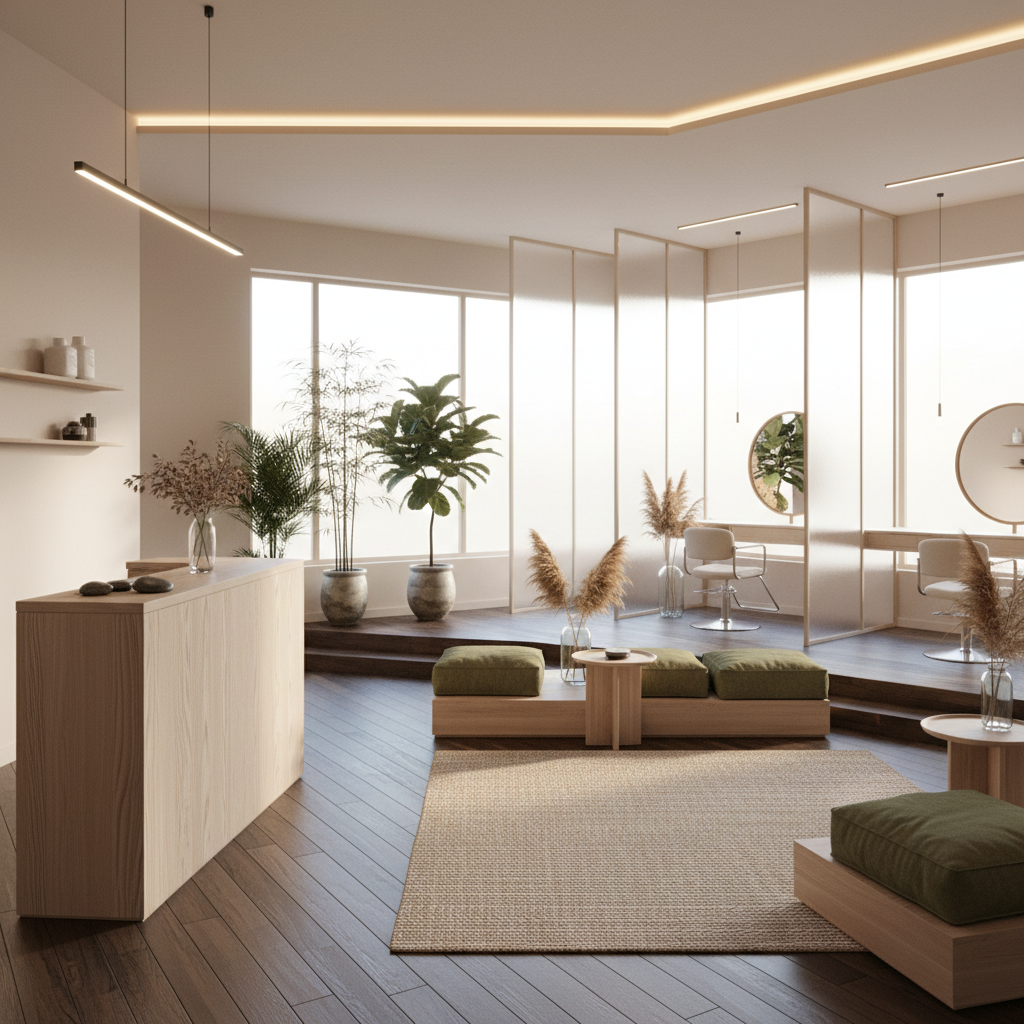 Design a serene Hair Salon in Natural Japandi style, featuring a calming atmosphere and minimalist a - Natural Japandi design