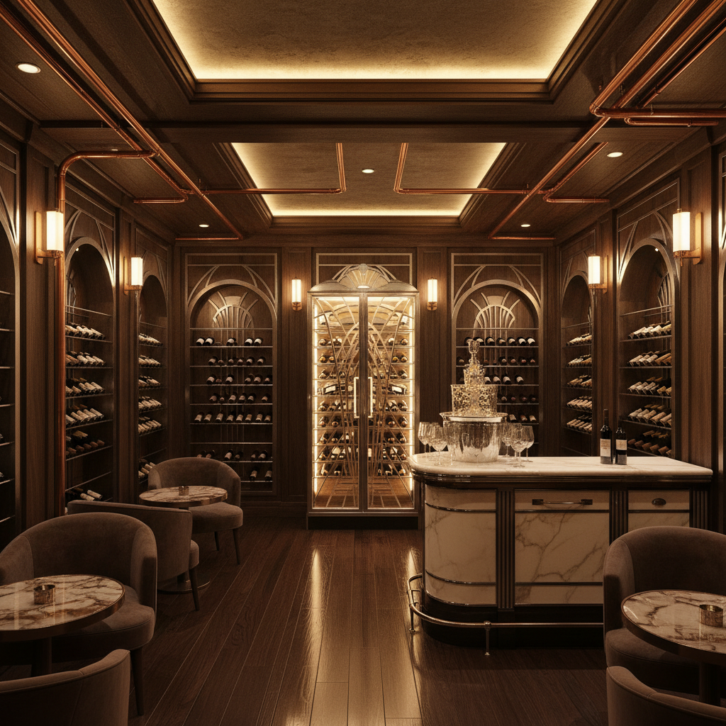 Imagine a Wine Cellar with a rich Art Deco flair, where dark wood and metallic accents evoke the opu - Interior design