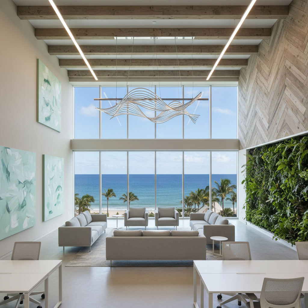 Design a modern corporate office with a coastal twist, blending natural elements with sleek, urban s - Diseño de Interior