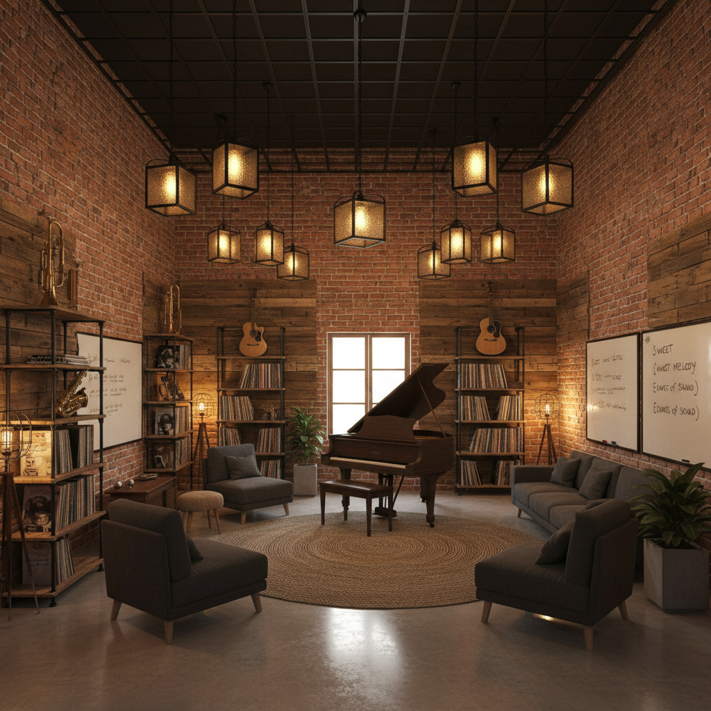 Design a Music Room in Soft Industrial style, featuring exposed brick walls, polished concrete floor - Interior design