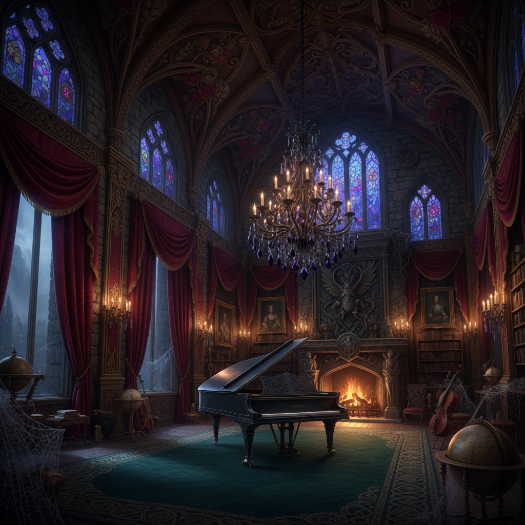Design a Gothic-inspired Music Room with rich, dark hues and ornate details. The room features stone walls with crimson and gold accents, and a vaulted ceiling adorned with intricate wooden carvings and stained glass windows filtering in hues of indigo and purple. Plush, velvety curtains in deep crimson drapery frame floor-to-ceiling windows, while a stunning chandelier made of black iron and crystals hangs above a grand, Gothic-arched piano. The floor is covered with a plush, dark green carpet, and the walls are adorned with cobweb-draped candelabras, old portraits, and mysterious, leather-bound books. A majestic, stone fireplace dominates one wall, with a roaring, blue-lit fire crackling on a chilly evening, casting a warm, golden glow throughout the room.