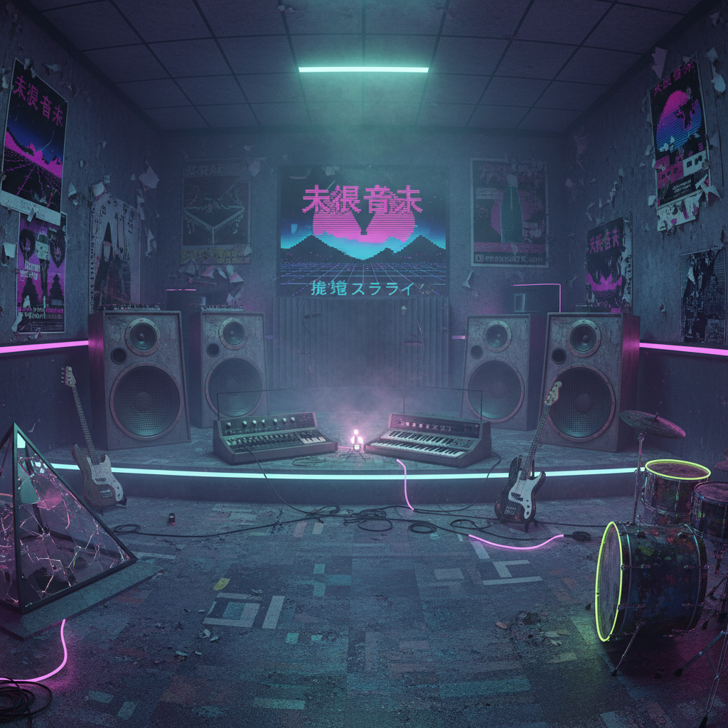 Generate a futuristic, dystopian recording studio in a Vaporwave-inspired aesthetic. The space featu - Diseño de Interior