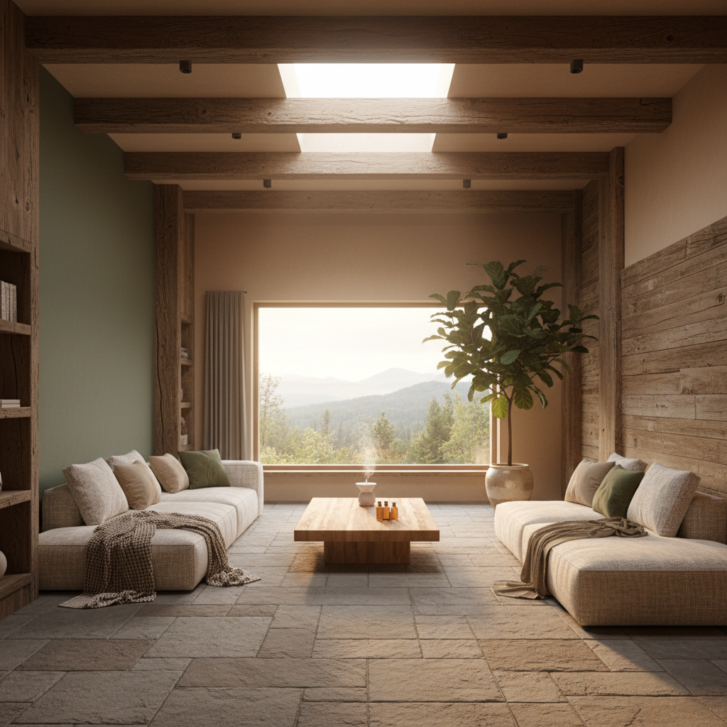 Design a Meditation Room in Modern Rustic style, evoking a sense of serenity and connection to natur - Diseño de Interior