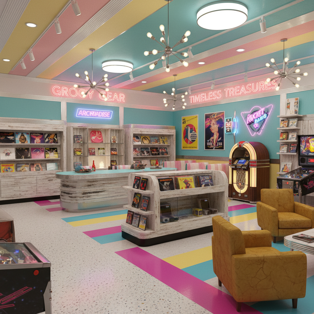 Create a retro-style retail store with a nostalgic atmosphere, featuring a pastel color palette, chr - Interior design