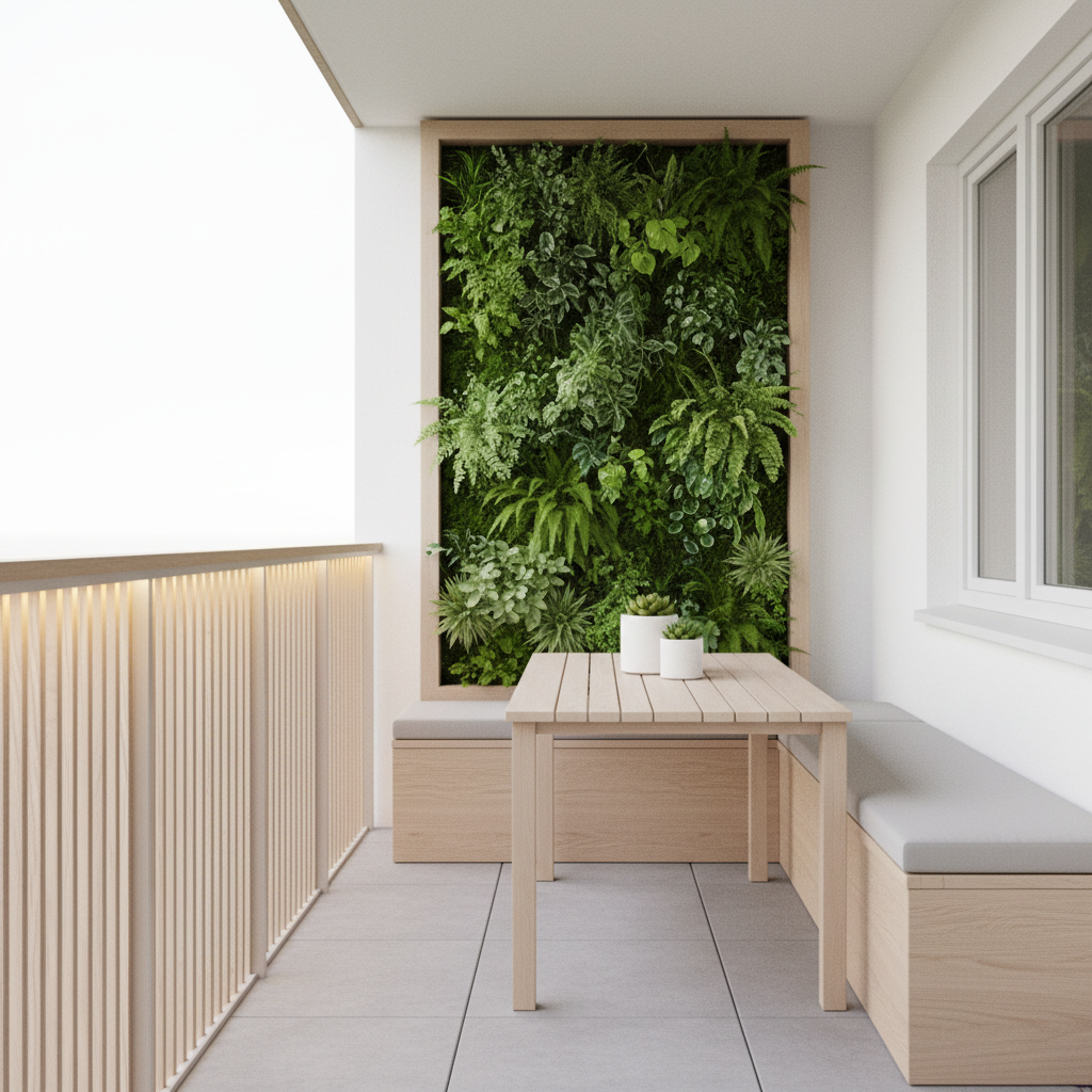 Generate a minimalist balcony design in a Bright Scandinavian style, featuring a compact, rectangula - Interior design