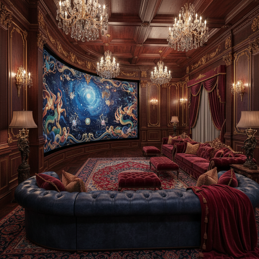 Imagine a Home Theater that embodies the opulence of a bygone era, with rich textures, jewel-toned a - Interior design