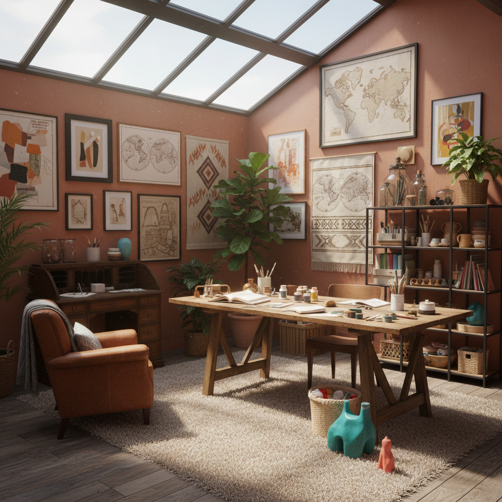 Design a Creative Workshop with a Balanced Eclectic style, featuring a combination of vintage and mo - Interior design