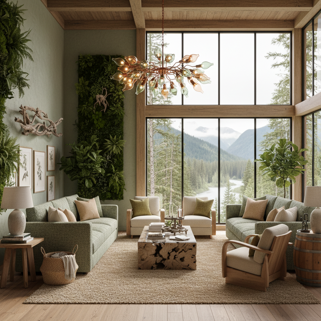Design a Main Living Room that embodies an Eco Friendly aesthetic, featuring a combination of reclai - Main Living Room design