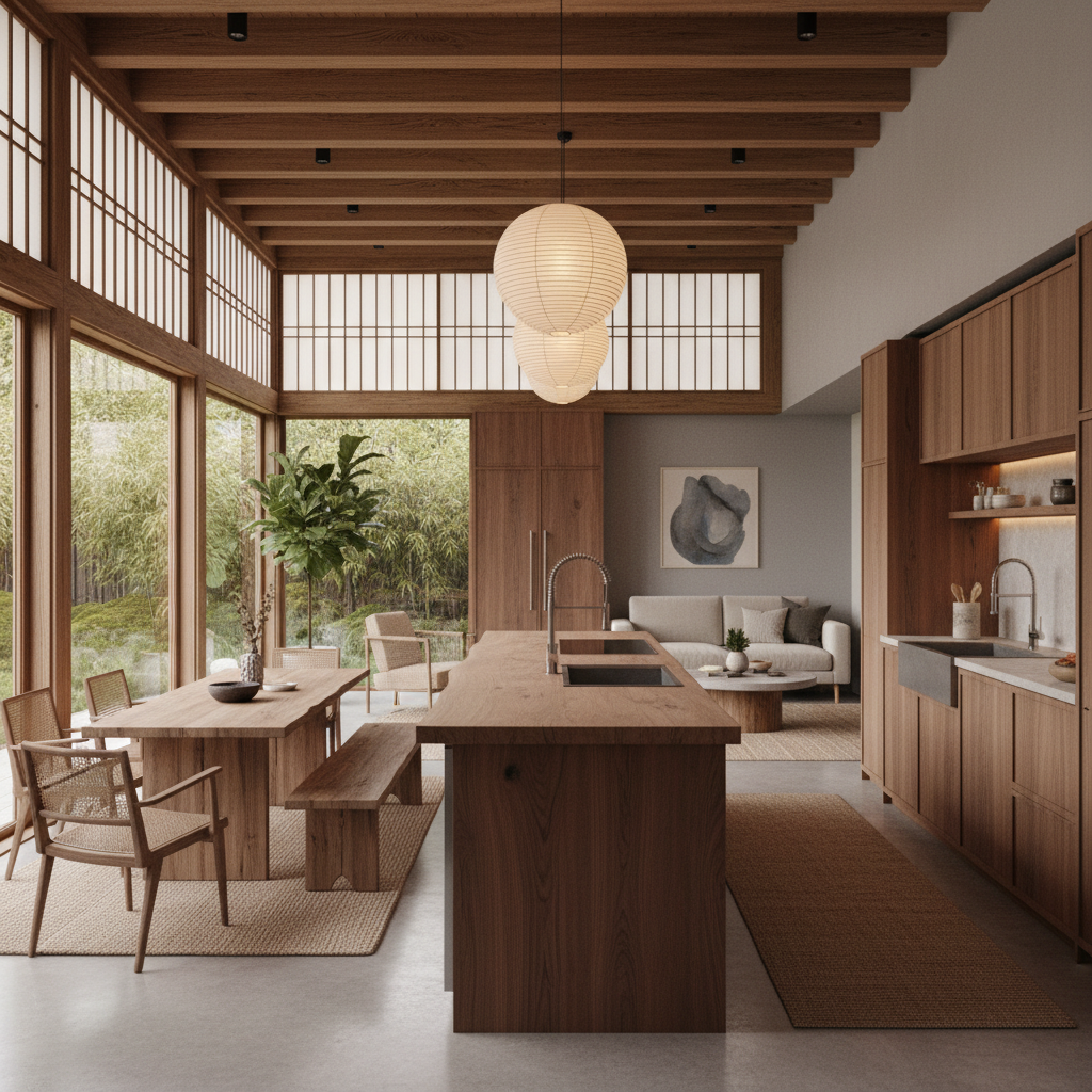 Design a seamless Open Integrated Kitchen with a Natural Japandi aesthetic, where the boundaries bet - Interior design