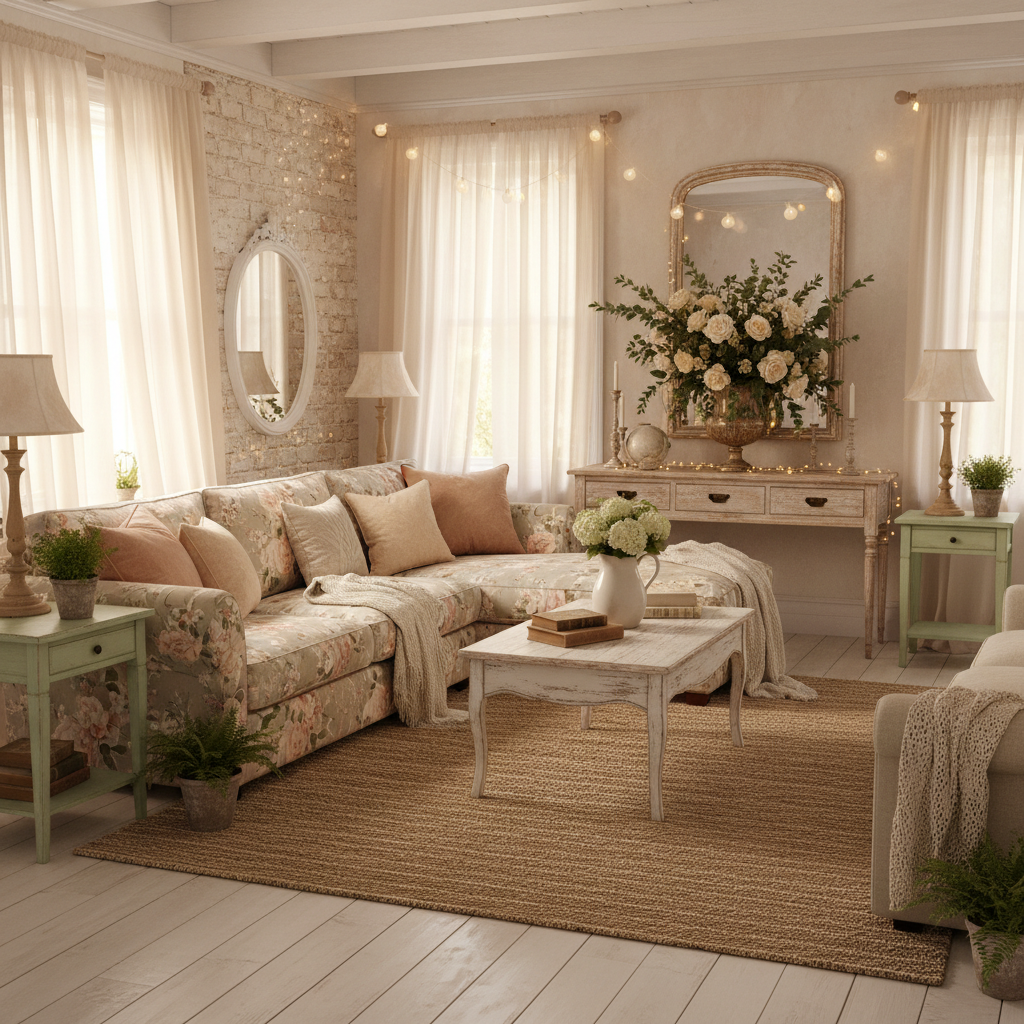 Design a warm and inviting Shabby Chic living room with distressed white walls, creamy paint, and so - Interior design