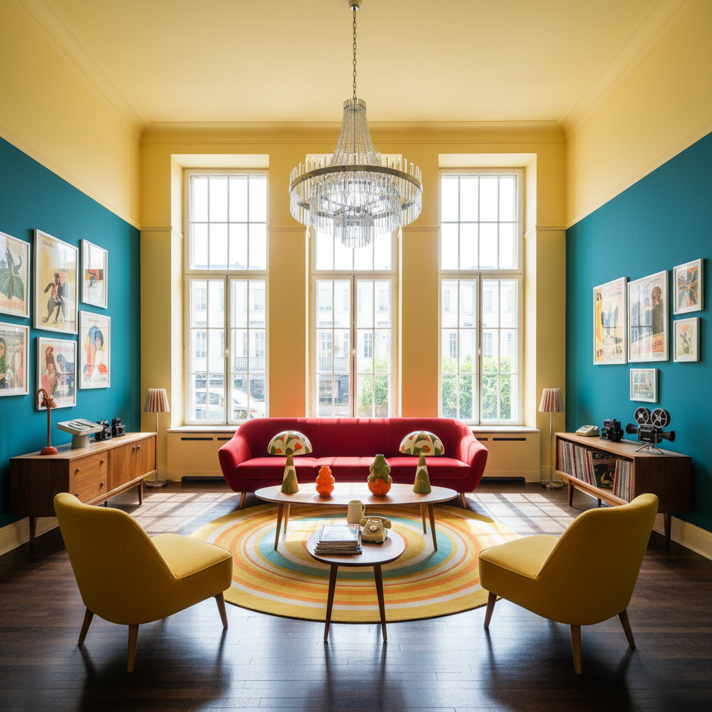 Design a vibrant Reception Area in Retro style, reminiscent of the 1950s and 60s. The space is appro - Retro design