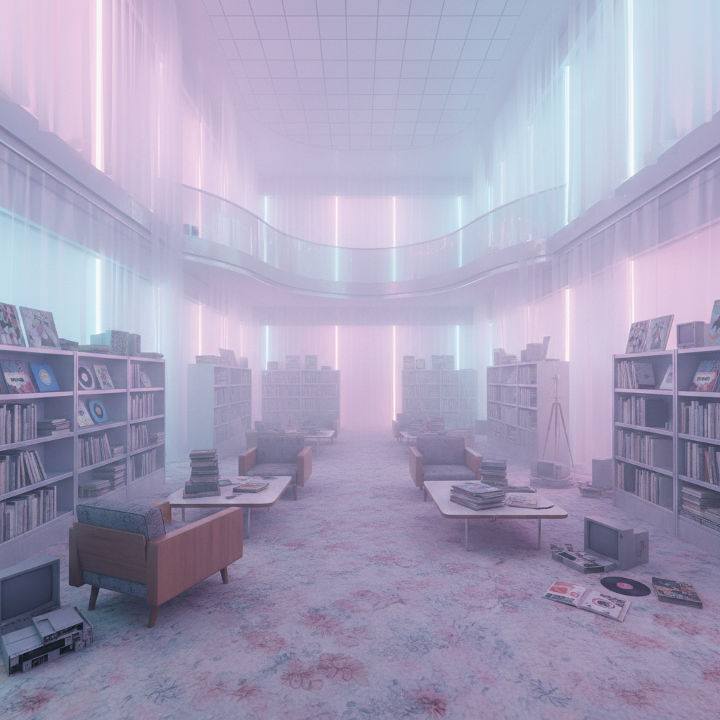 Design a futuristic library with a vaporwave twist, where retro-futuristic aesthetics meet dystopian - Interior design