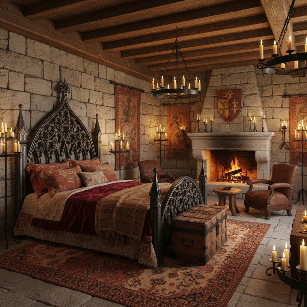 Design a cozy, rustic Master Bedroom in a medieval style, with stone walls and wooden beams. The roo - Master Bedroom design