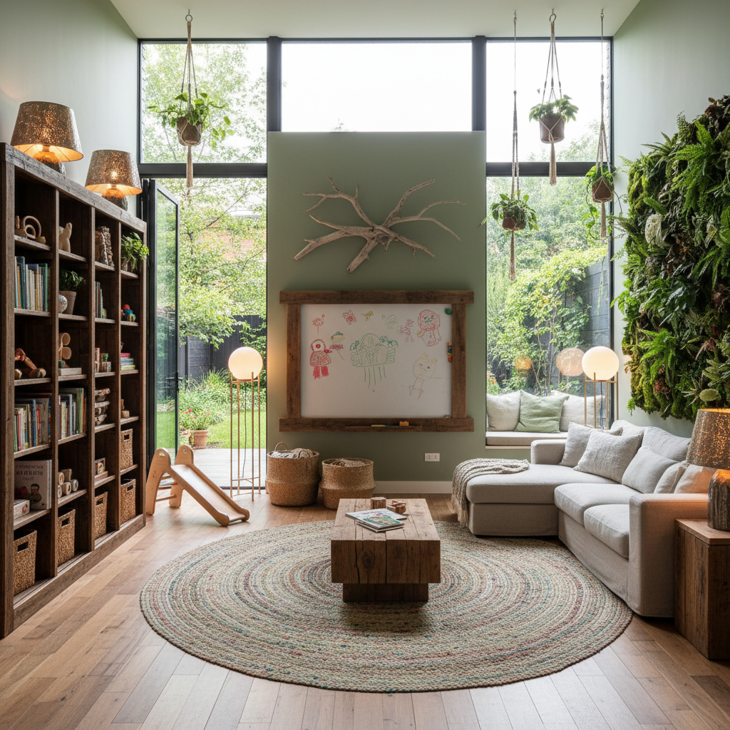 Design a playroom that blends into a serene natural surroundings, evoking a sense of connection to t - Interior design