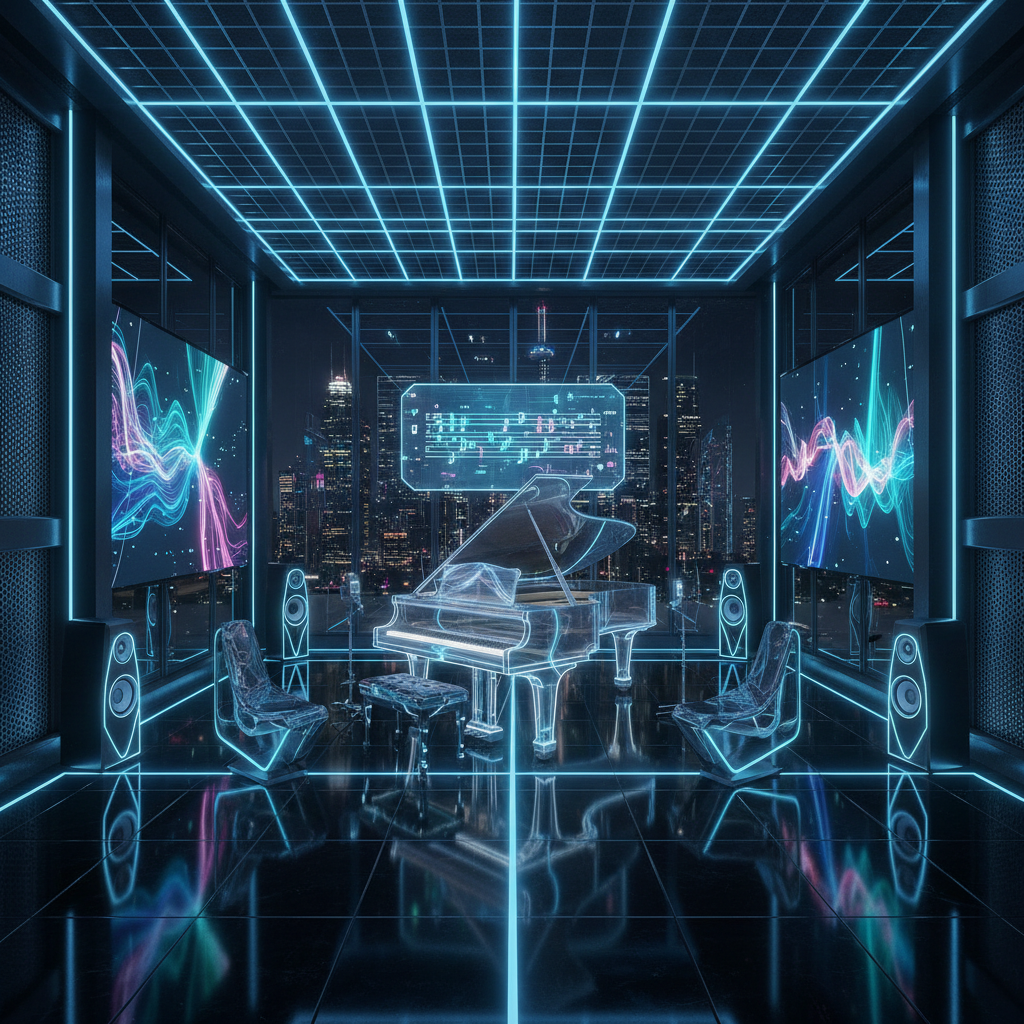 Design a futuristic music room with a sleek, high-tech aesthetic, where musicians can jam and create - Interior design