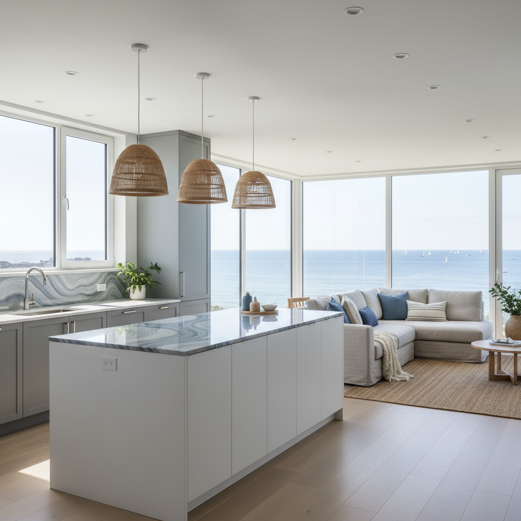Design a bright and airy Modern Coastal-style kitchen with a focus on calming blues and whites, remi - Modern Coastal design