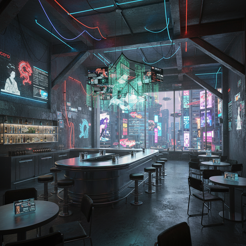 Generate an interior design for a Cyberpunk-themed restaurant, set in a dystopian metropolis. The sp - Interior design