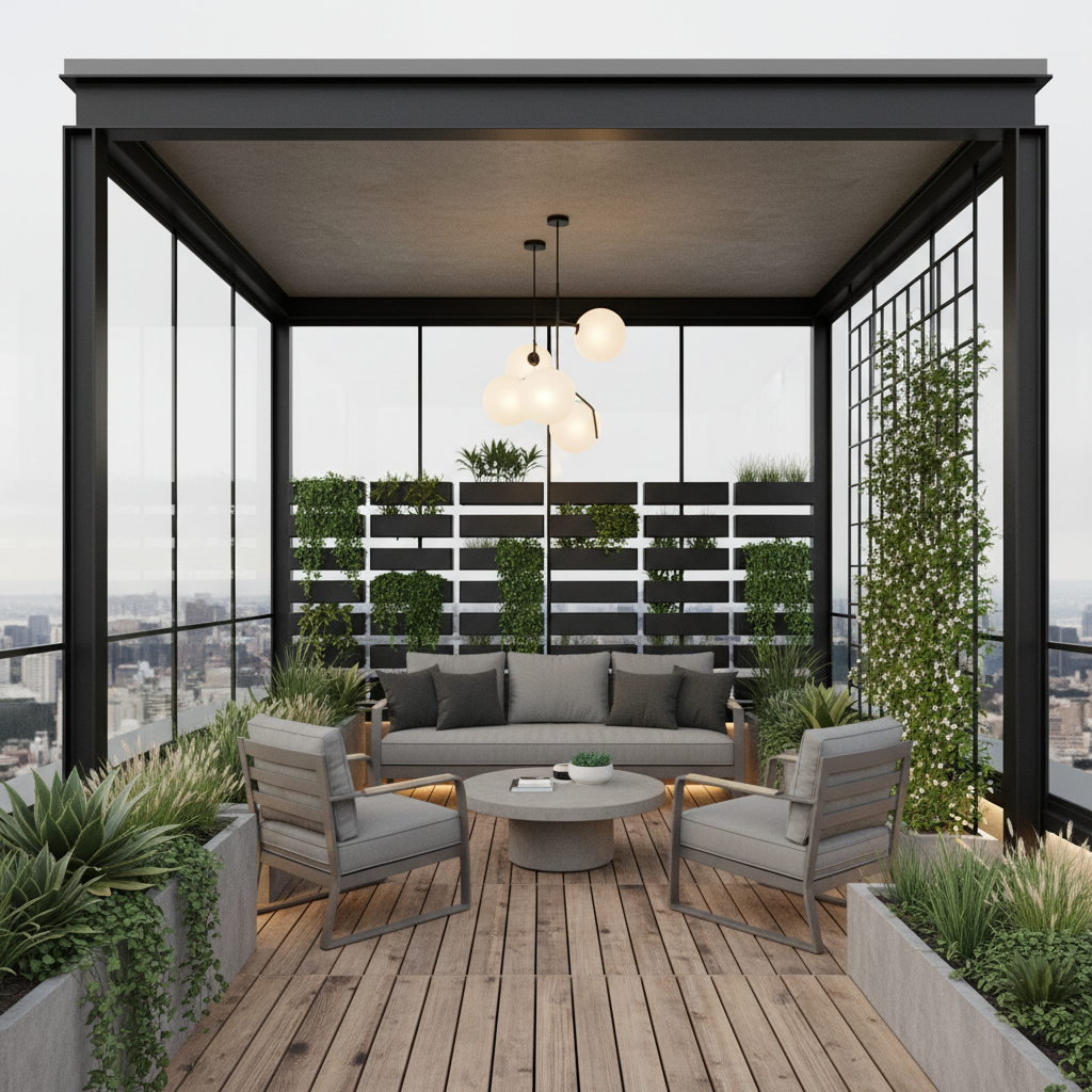 Design a compact urban terrace with a minimalist aesthetic, featuring a sleek, low-maintenance garde - Terrace design