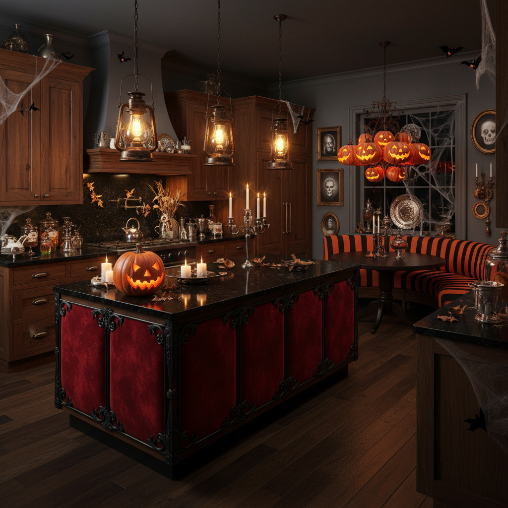 Design an Open Integrated Kitchen for a spooky Halloween celebration, with a dark and mysterious amb - Interior design