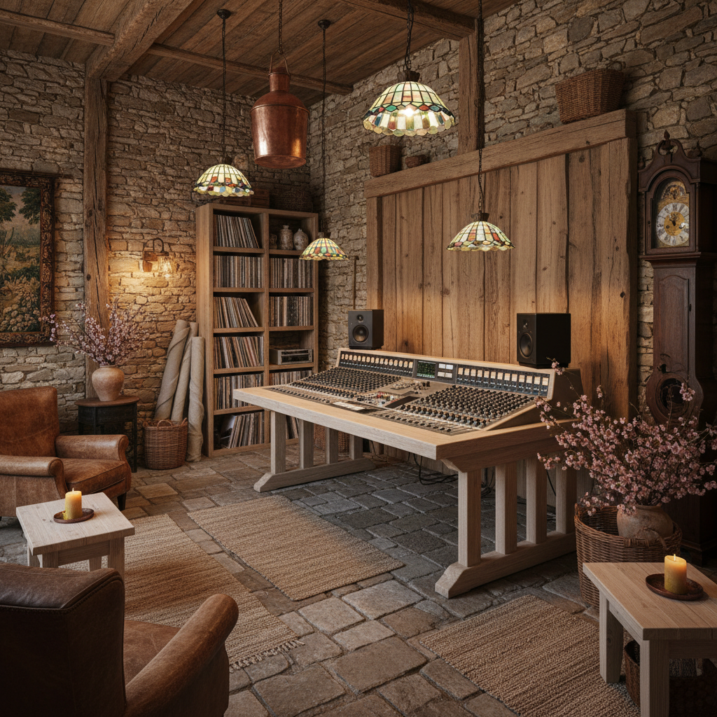 Create a French rustic–style recording studio, characterized by elements of stone, wood, and natural - Interior design