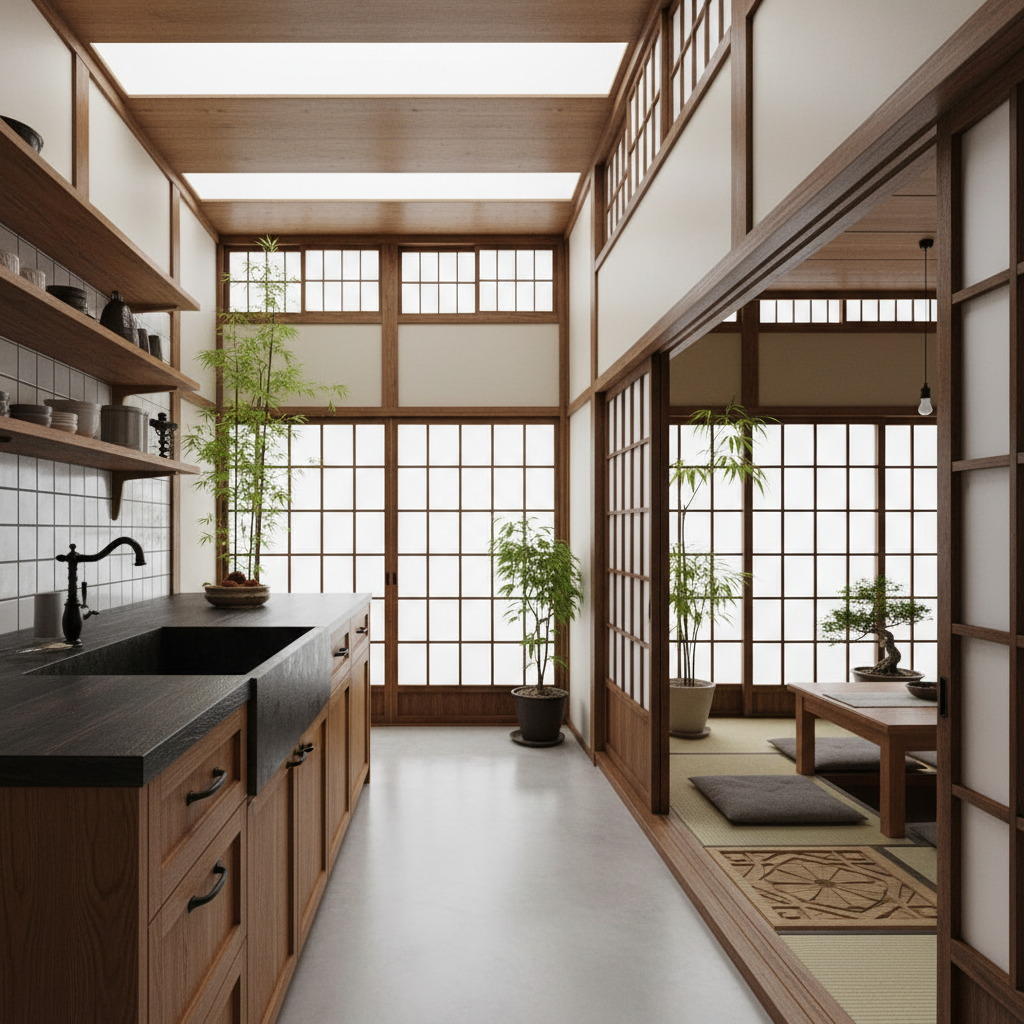 Generate an interior image of a seamless Open Integrated Kitchen in traditional Japanese Design styl - Interior design