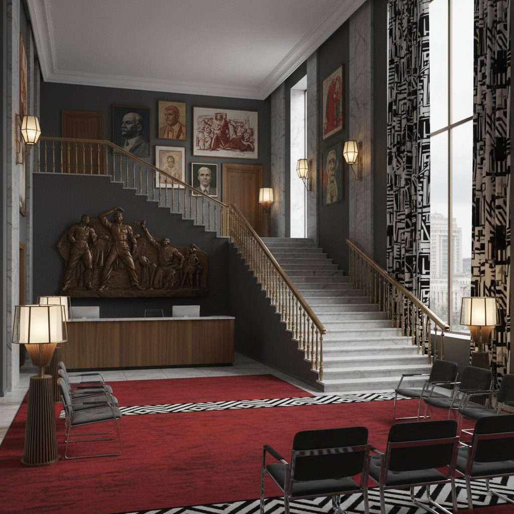 Design a Medical Office inspired by the grandeur of Soviet architecture, featuring a bold and imposi - Interior design