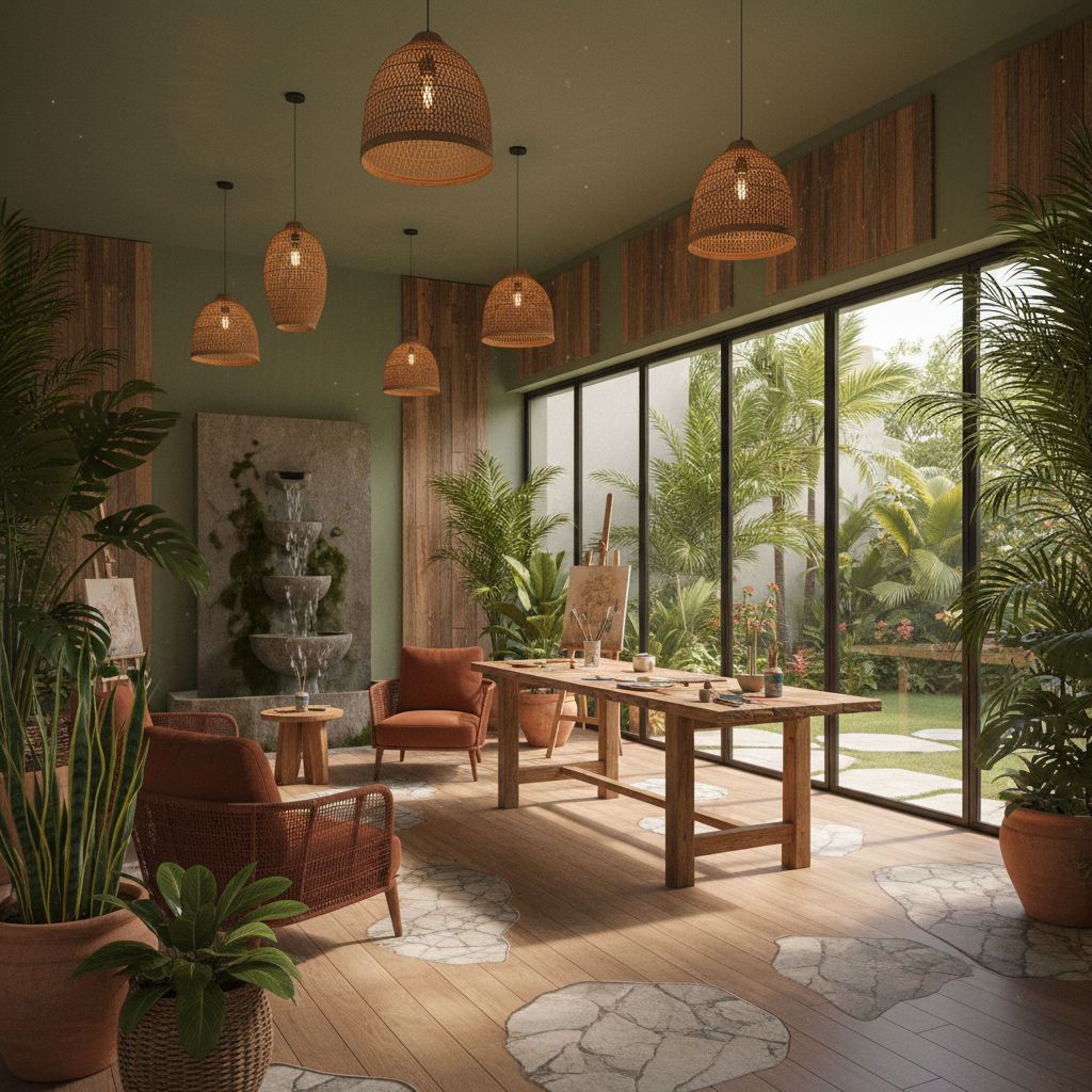 Generate an interior design for a spacious art studio infused with a natural tropical ambiance, blen - Interior design