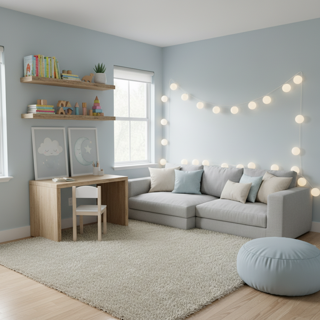 Design a serene and playful kids' bedroom in a simple style, featuring a calming color palette of pa - Interior design