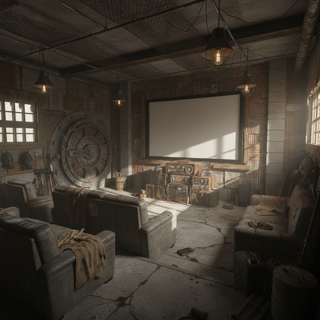 A beautiful Home Theater designed in Post-Apocalyptic style. Transform this space into post-apocalyptic style while keeping the layout. Use weathered materials, distressed furniture, industrial elements, and muted, gritty colors. Add improvised lighting, metal details, and a worn, survivalist feel. The space features carefully selected furniture, harmonious colors, natural lighting, and thoughtfully placed decorative elements that create a welcoming and aesthetically pleasing atmosphere.