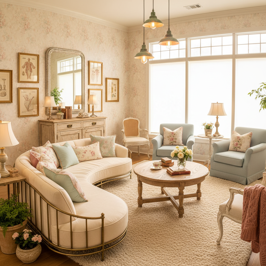 Create a warm and inviting Medical Office in a Shabby Chic style, with distressed wood accents, soft - Interior design