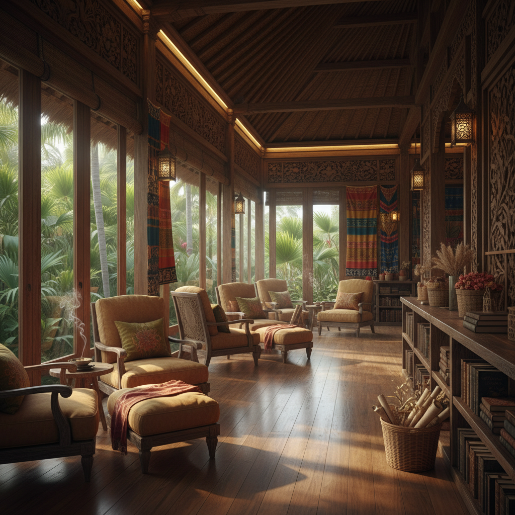 Imagine a serene Bali-inspired library nestled amidst lush greenery, with a thatched roof and wooden - Interior design