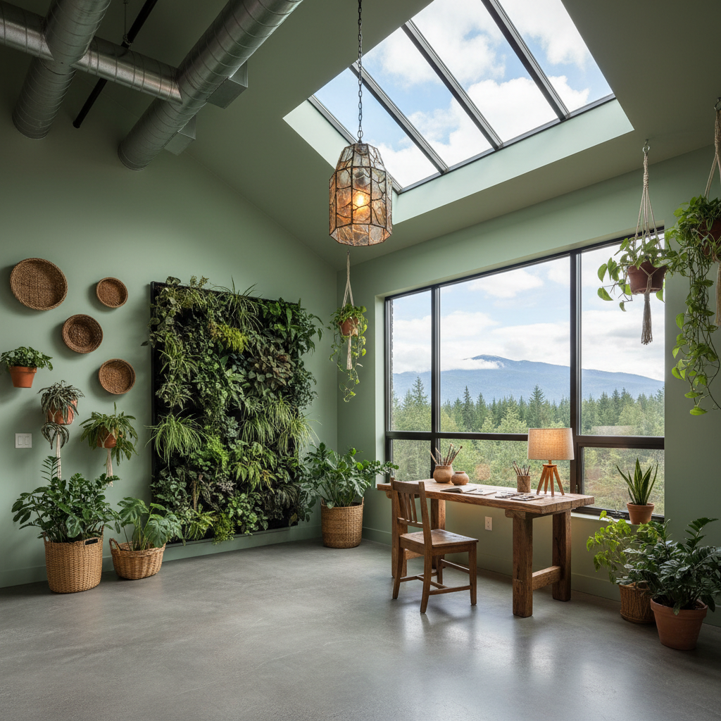 Design a minimalist Art Studio with a focus on eco-friendliness, incorporating reclaimed wood accent - Eco Friendly design