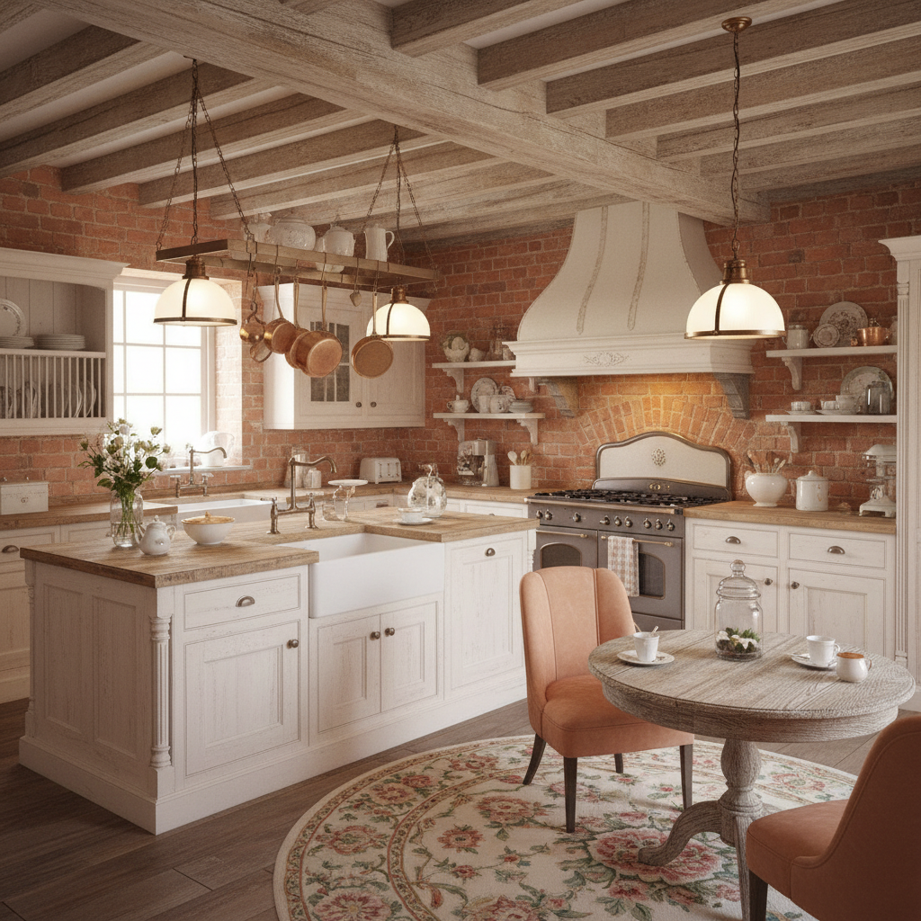 Create a Shabby Chic Open Integrated Kitchen with distressed wood accents, soft pastel colors, and v - Integrated Kitchen design