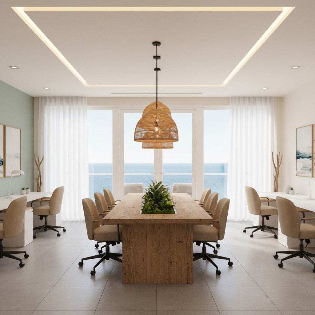 Design a modern coastal corporate office with a calming ocean-inspired color palette. The space feat - Interior design