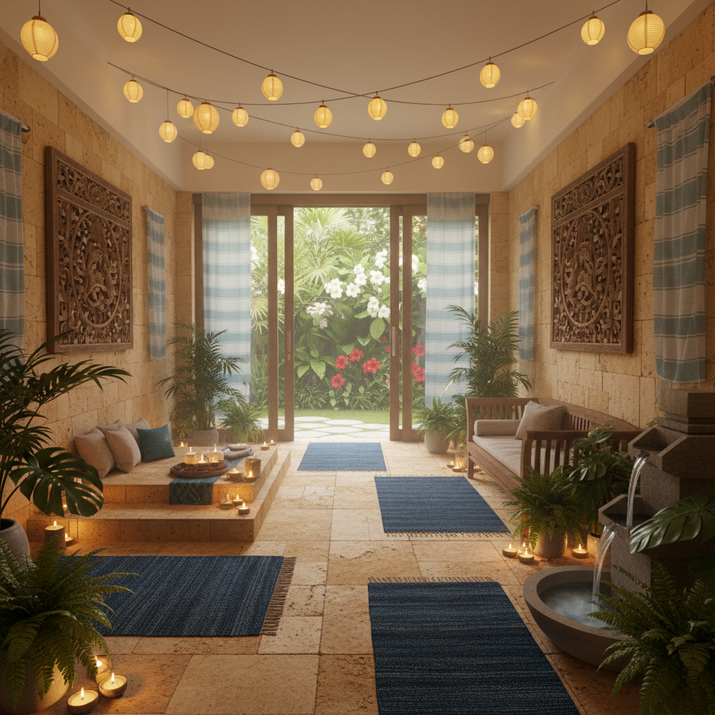 Create a serene Bali-inspired spa room with natural stone walls and floor, featuring warm golden san - Interior design