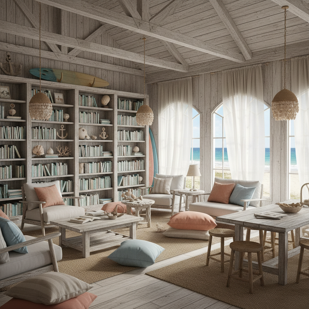 Imagine a Library that embodies the carefree, beachy vibe of a Surf Shack, where the love of literat - Interior design
