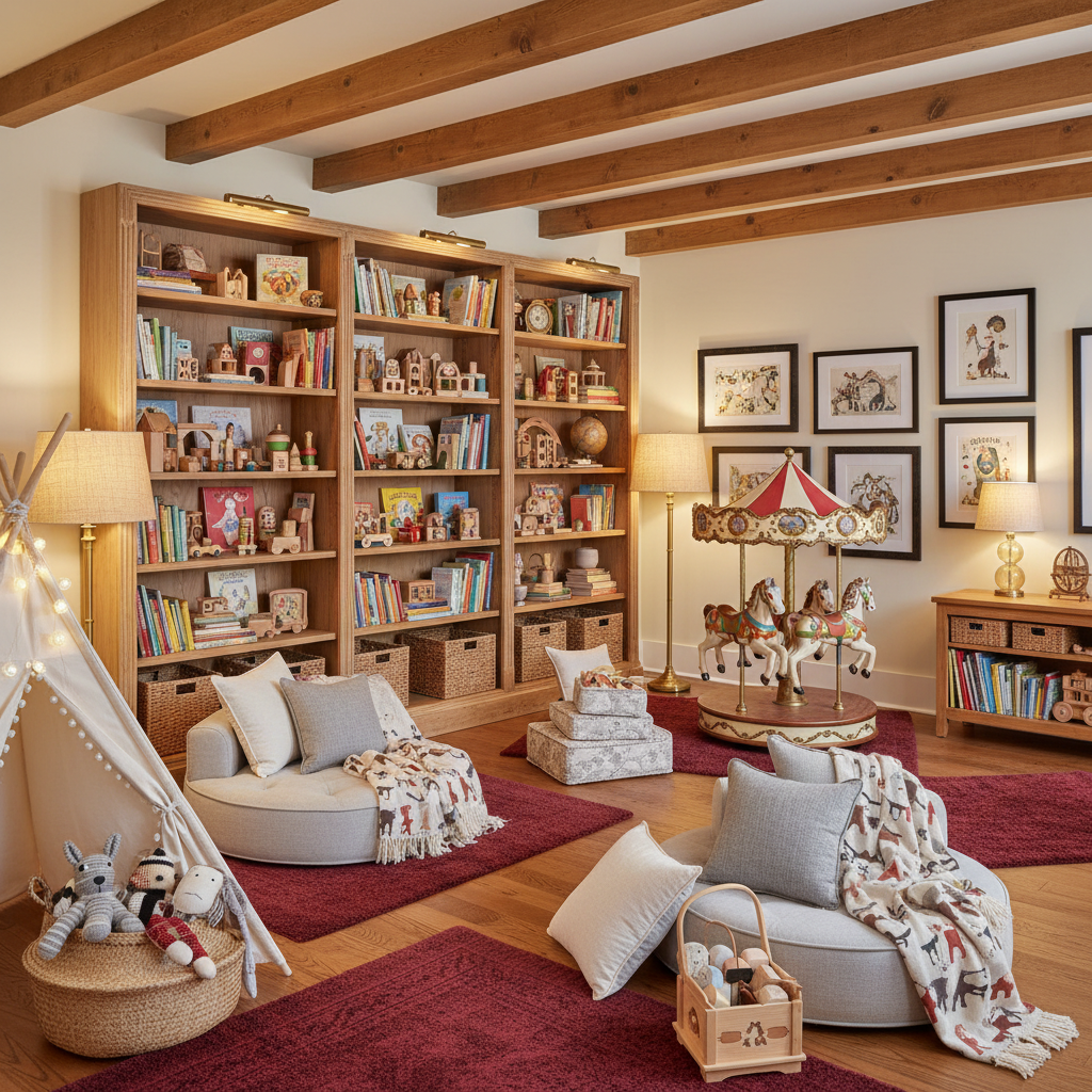 Imagine a whimsical Playroom nestled within a charming Cozy Airbnb, where vintage charm meets modern playfulness. The space is painted a soothing Cream (Benjamin Moore's "Snowfall White") and adorned with warm, rich Wood tones, such as reclaimed Oak and Honey-colored accents. Plush area rugs in a deep, berry-red hue (Sherwin-Williams' "Raspberry Sorbet") define the cozy nooks, while comfortable, oversized pillows in creamy whites and soft gray hues add a touch of sophistication. Soft, golden Lighting (table lamps with linen shades) casts a warm glow, and floor-to-ceiling Bookshelves in a distressed finish hold an eclectic mix of children's books, vintage toys, and antique trinkets. A statement piece, a vintage, antique Carousel, takes center stage, surrounded by a curated selection of whimsical Artwork and Playful Textiles.