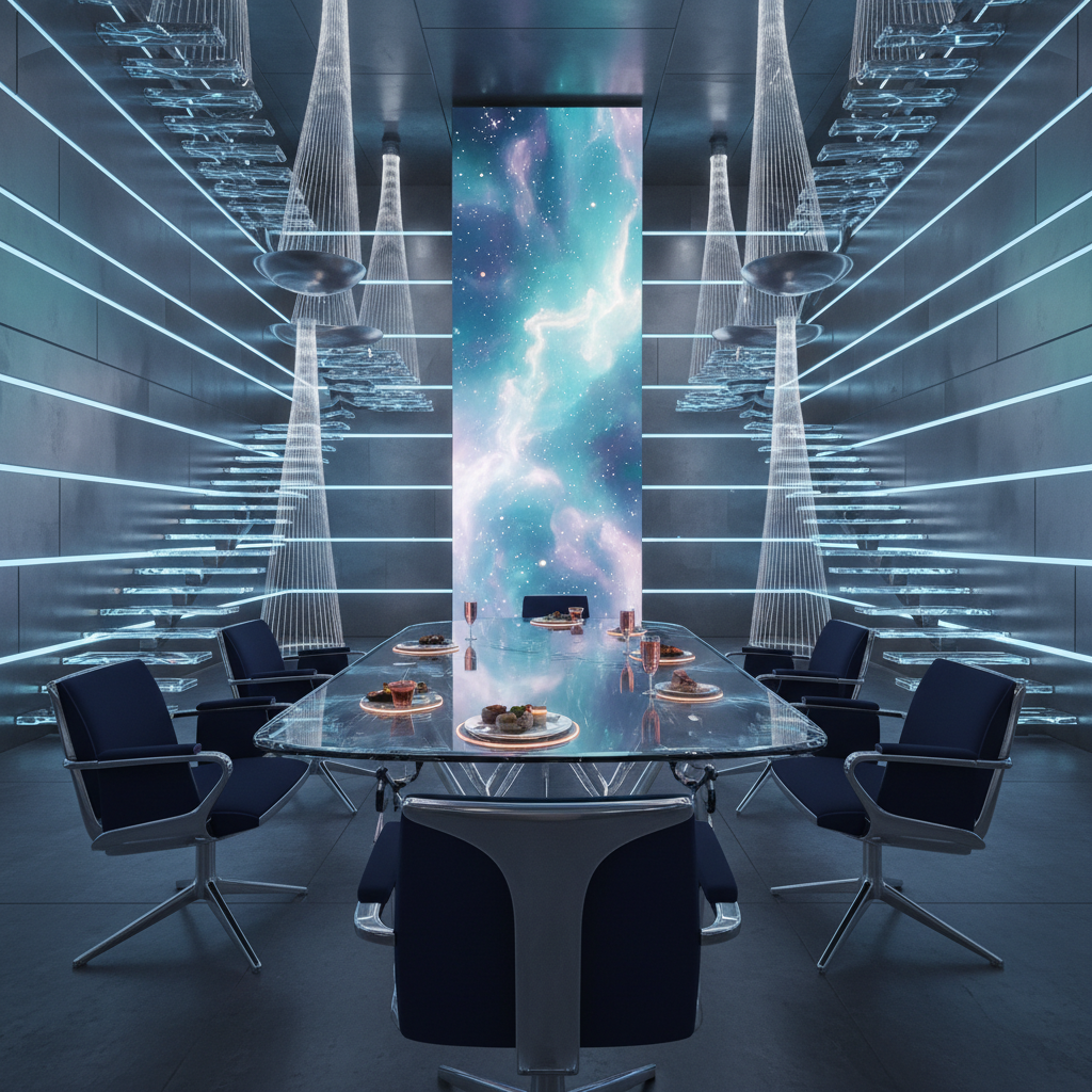 Generate a futuristic dining room with a sleek, high-tech aesthetic. The space is dominated by a large, curvaceous glass table surrounded by six chairs with adjustable, luminescent armrests. Walls are clad in a metallic silver finish, with embedded LED lights that create a dynamic, pulsing effect. A floor-to-ceiling, holographic display screen rises from the center of the room, casting a shimmering, iridescent glow. The room is illuminated by a series of slender, fiber-optic "staircases" that ascend to the ceiling, creating a sense of depth and visual interest. Furniture is minimalist, with a focus on angular, aerodynamic lines and a palette of deep, rich colors, including navy blue, charcoal grey, and polished chrome. A state-of-the-art, AI-powered dinnerware system is integrated into the table, with dishes and glasses that adjust to the perfect temperature and serve food and drinks with precision.