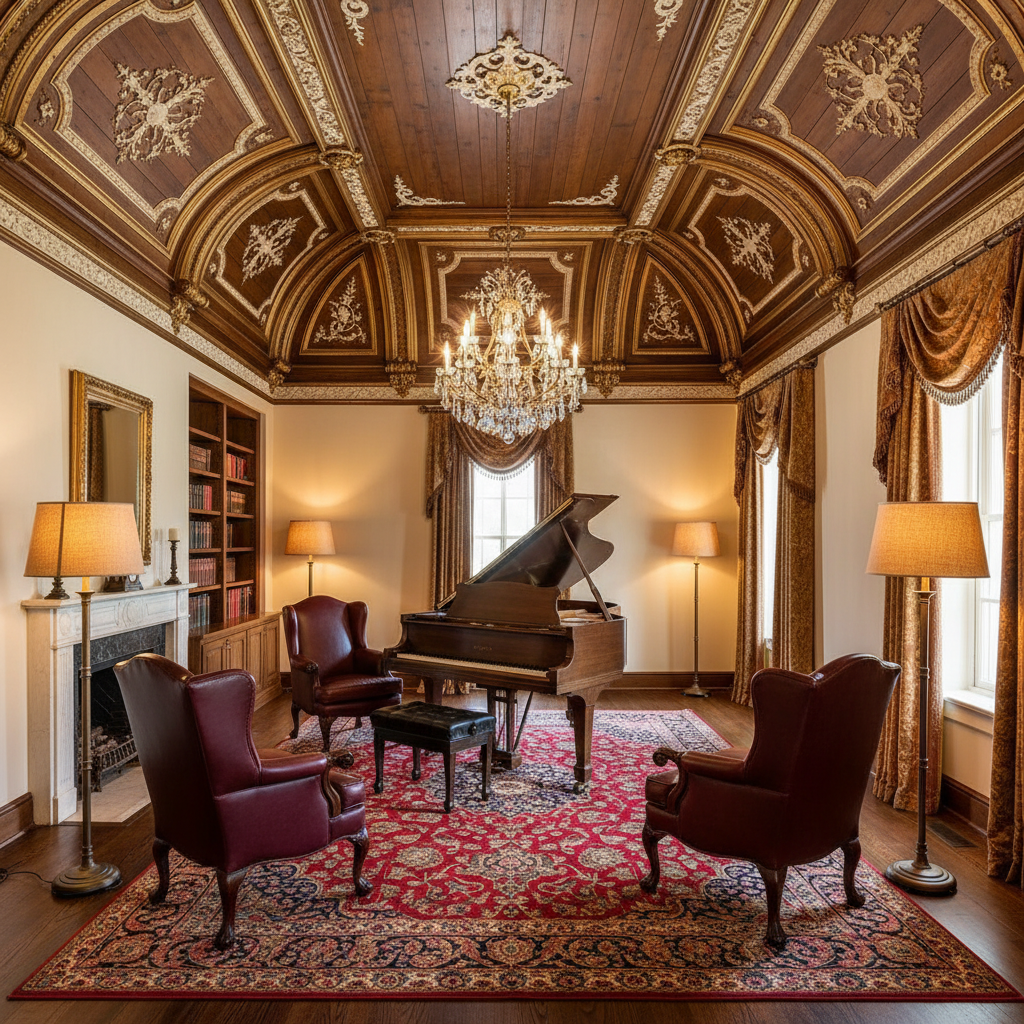 Design a traditional music room with rich, warm tones and opulent textures. The space features a hig - Interior design