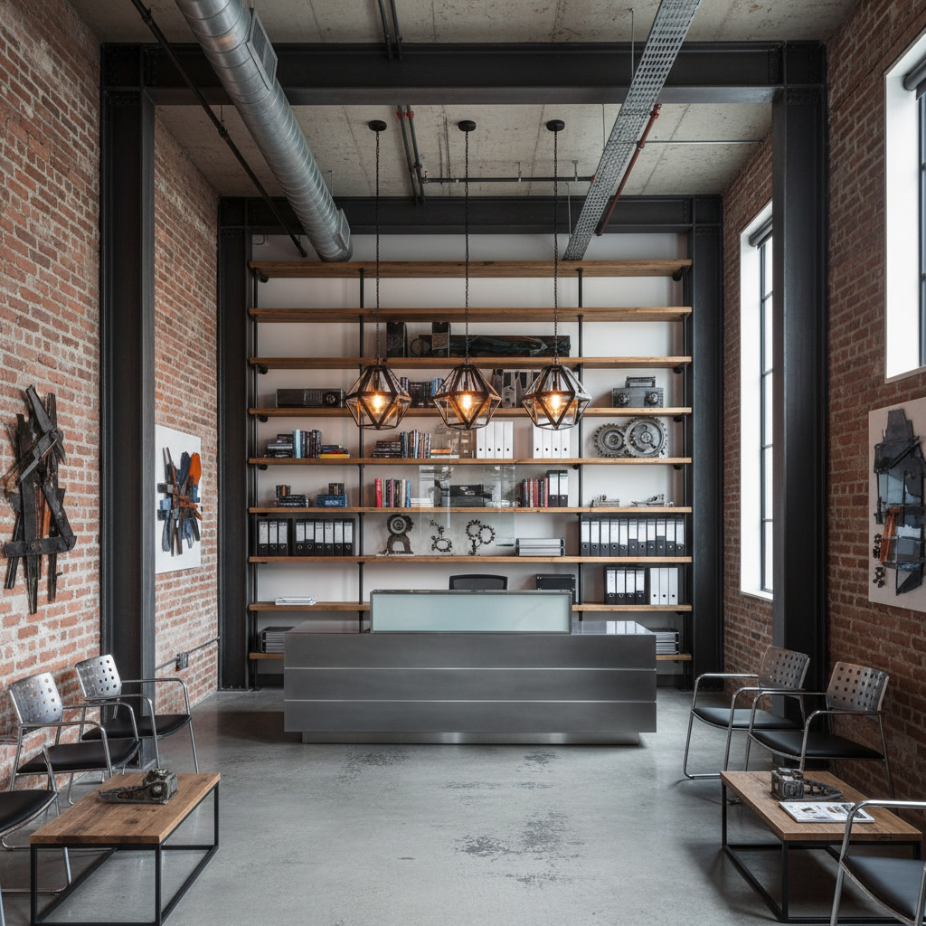 Design a medical office in an industrial style, featuring exposed brick walls and metal beams, with  - Interior design