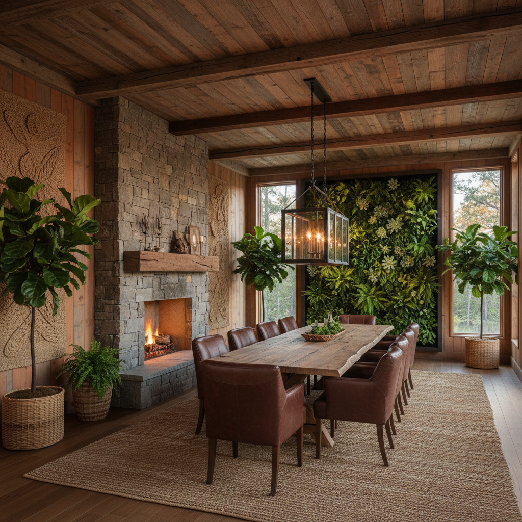 Design a modern rustic dining room with exposed wooden beams and a reclaimed wood ceiling, featuring - Interior design