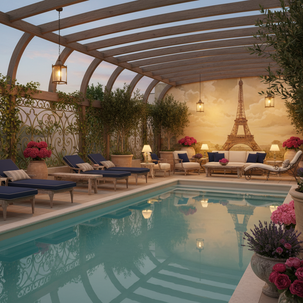 Design a charming Parisian-style pool area with a serene and elegant atmosphere, reminiscent of the  - Interior design