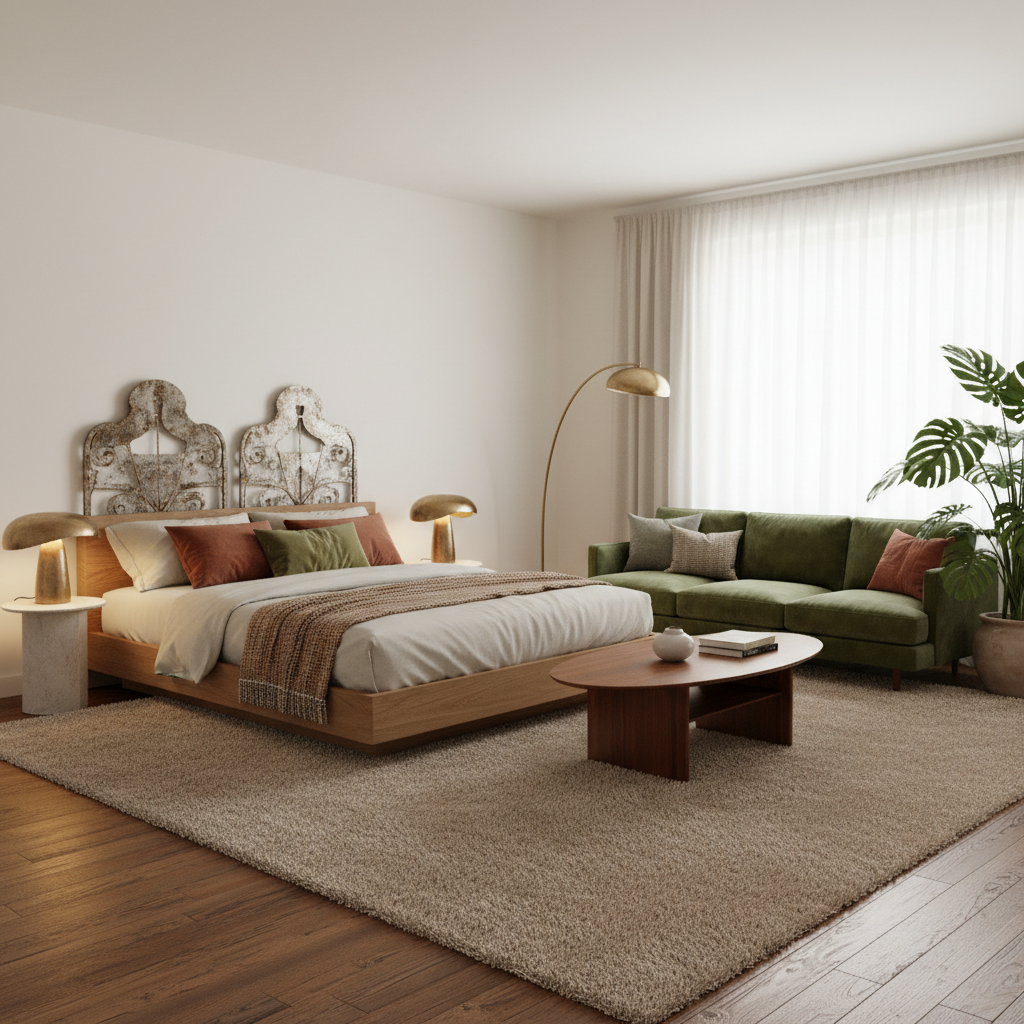 Create a Master Bedroom in Vintage Modern style, characterized by clean lines, organic shapes, and a - Interior design