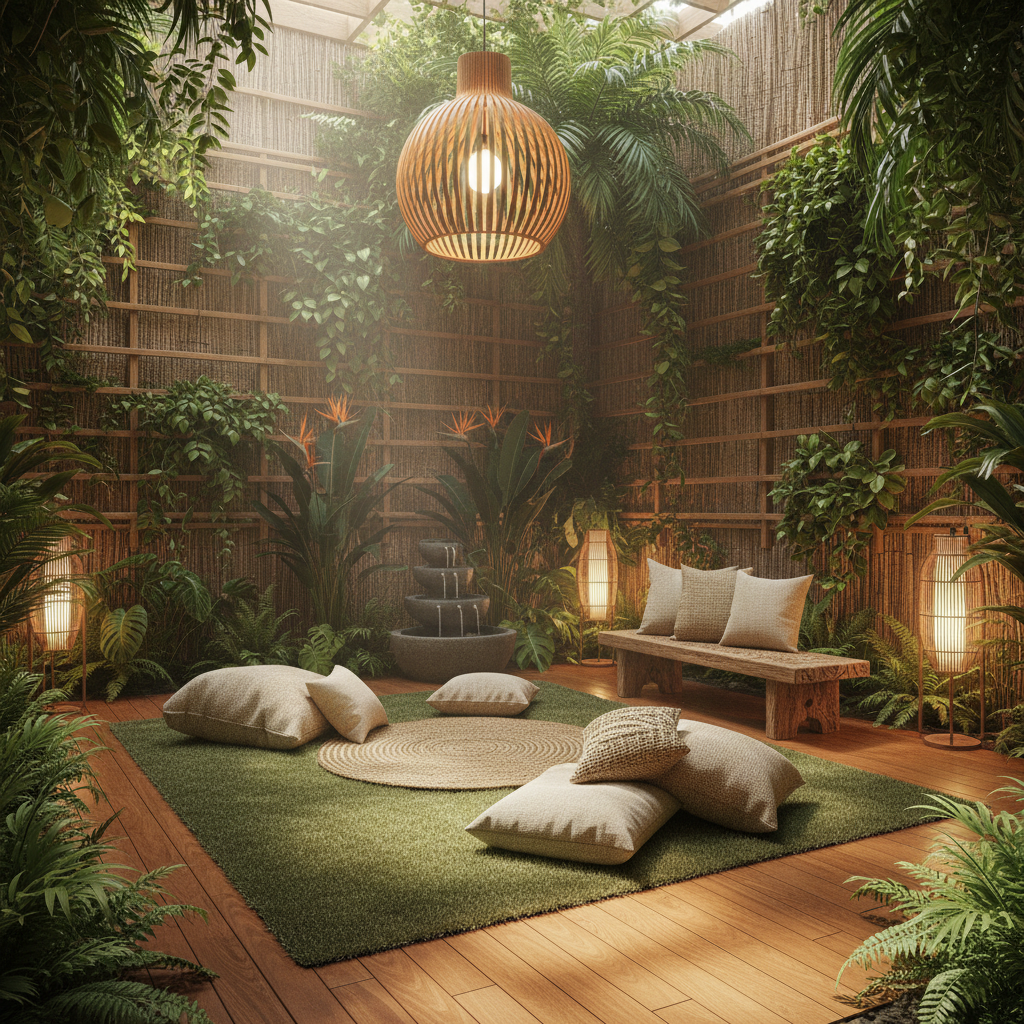 Create a serene meditation room with a natural tropical ambiance, set amidst a lush greenery backdro - Interior design