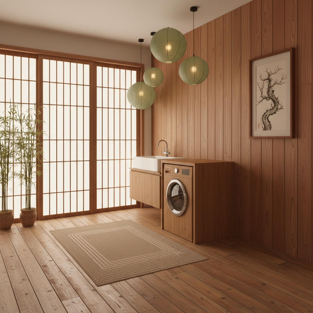 Design a serene Laundry Room in Zen style, with natural materials and soothing colors. The space fea - Interior design