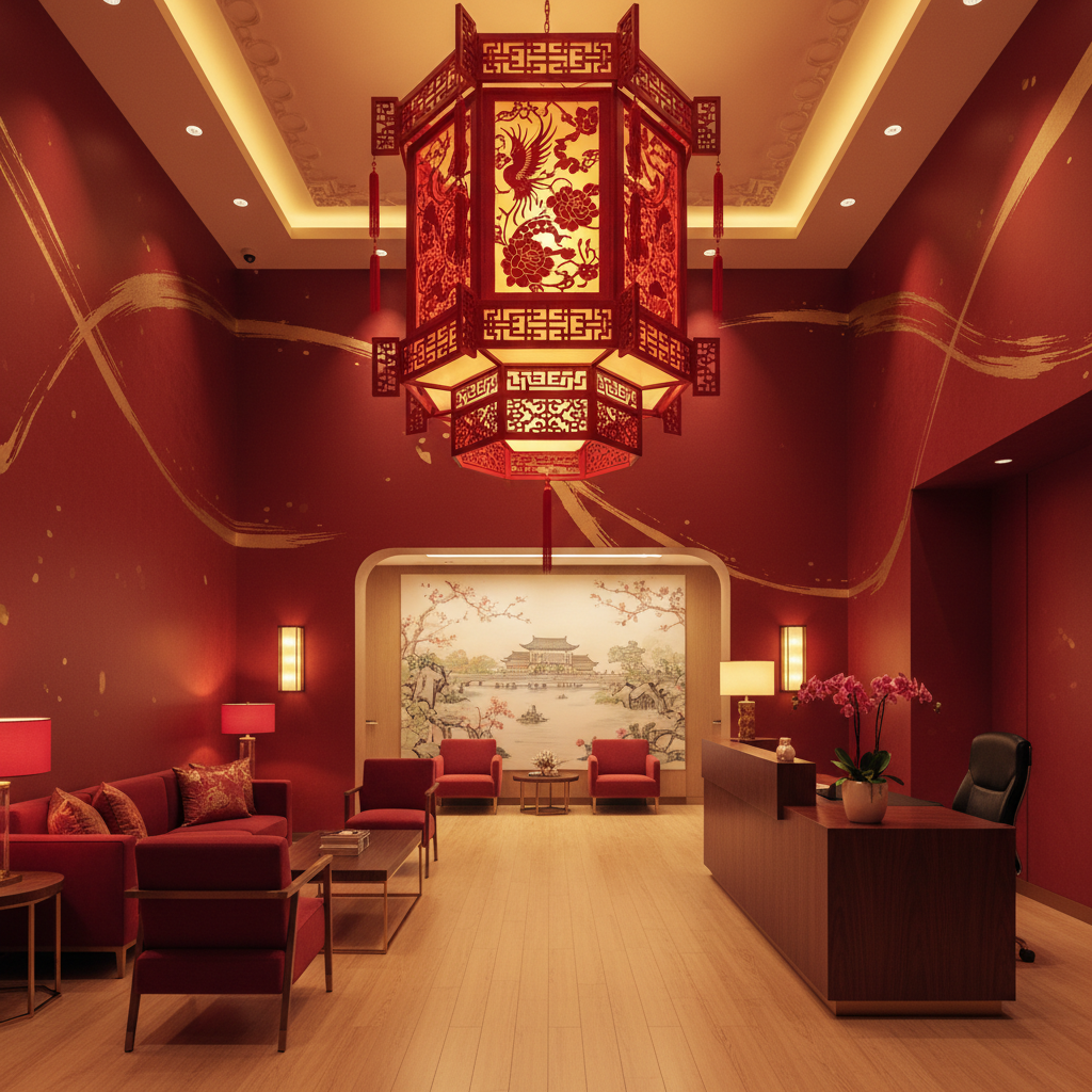 Design a Medical Office that embodies the festive spirit of Chinese New Year, with a balance of trad - Interior design